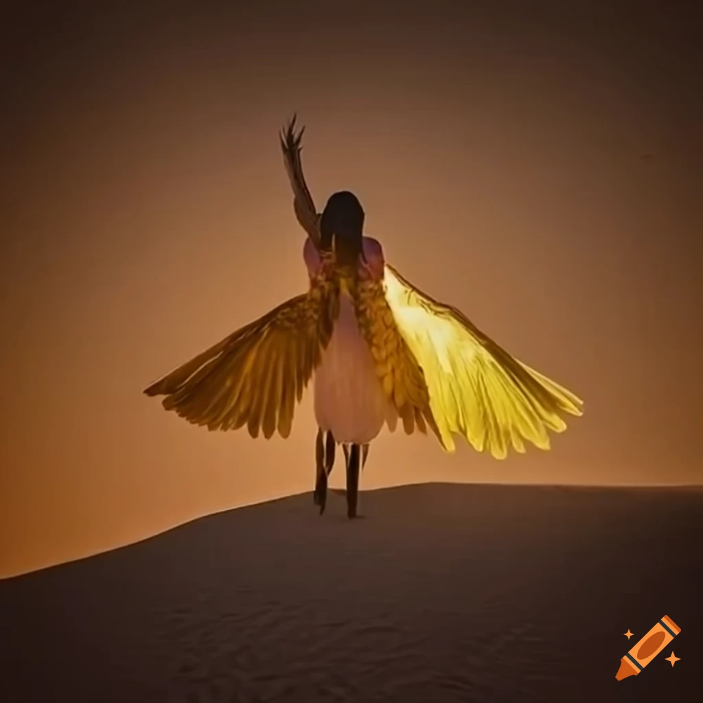 Nurse with yellow wings stranded in a desert landscape