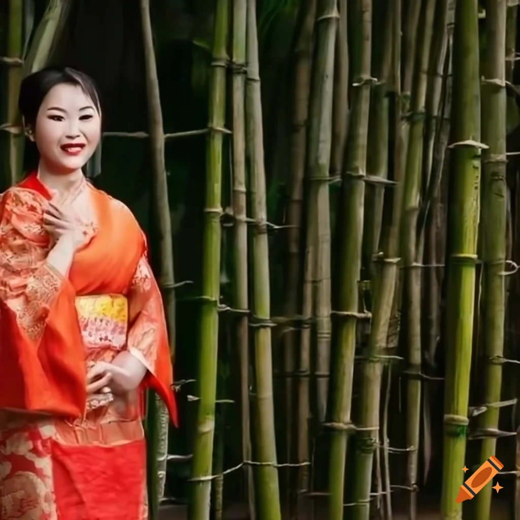 Asian woman in traditional clothes among bamboo