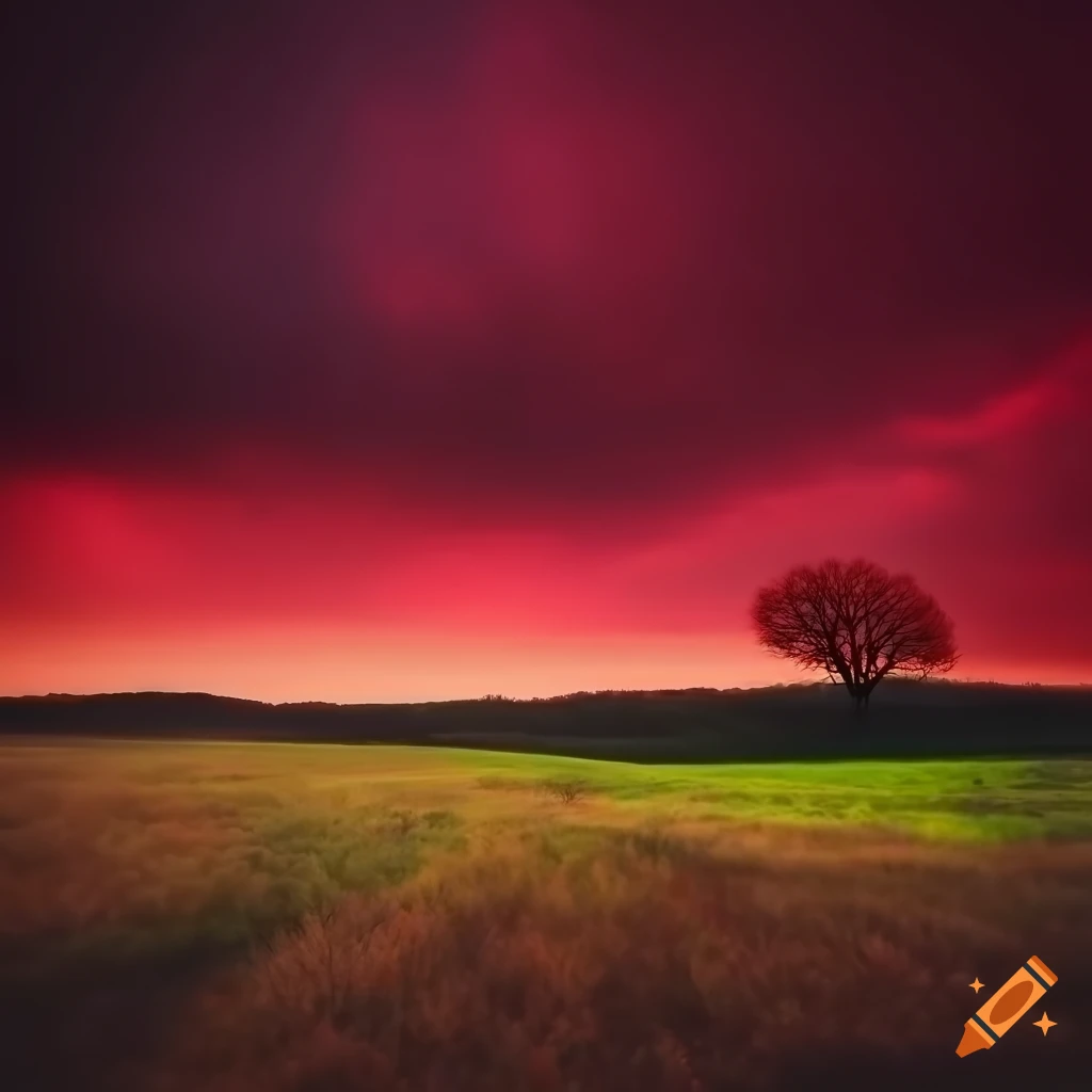 Crimson tree against vibrant grassfield under stormy sky