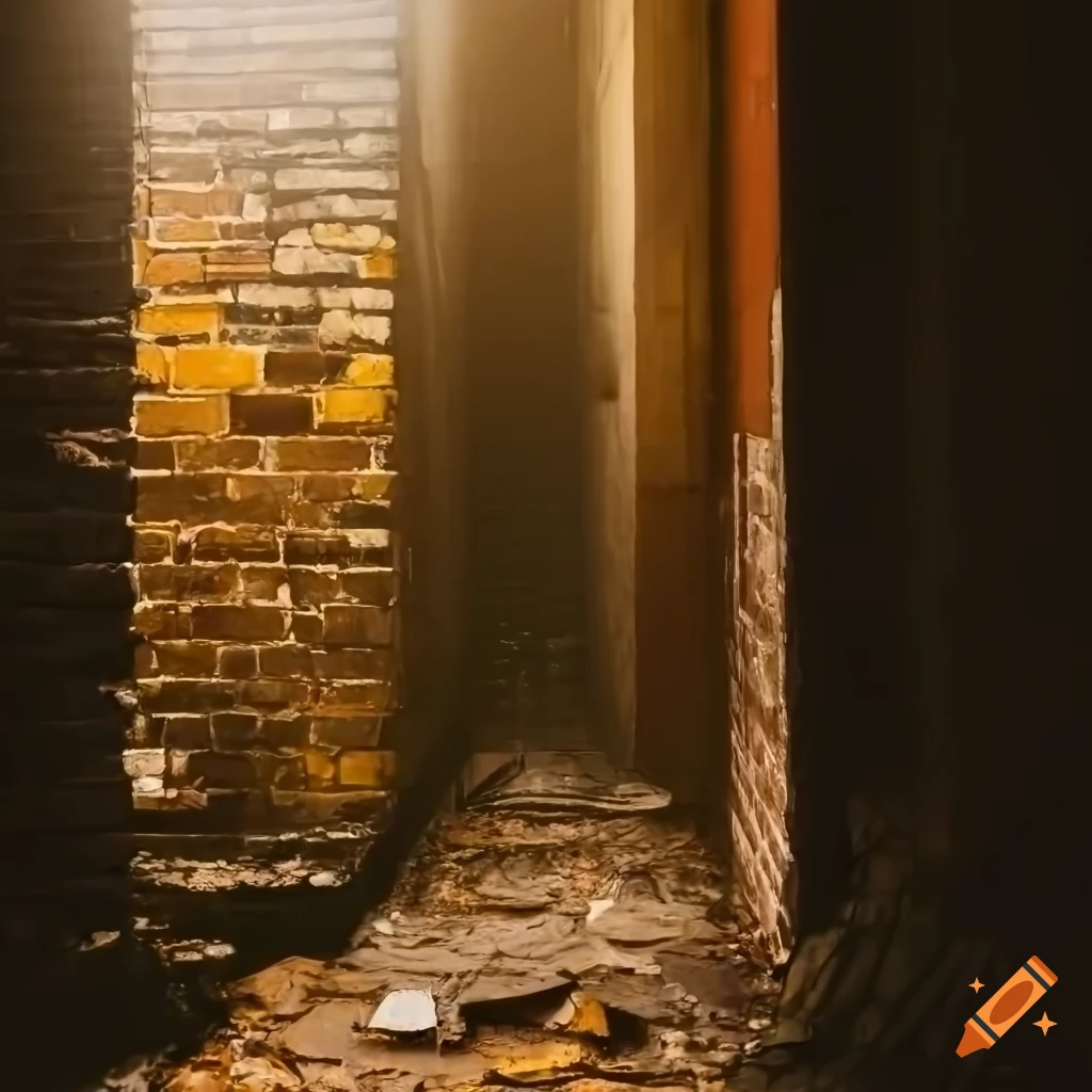 Crumbling flooded corridor leading to abandoned buildings sinking into the ocean