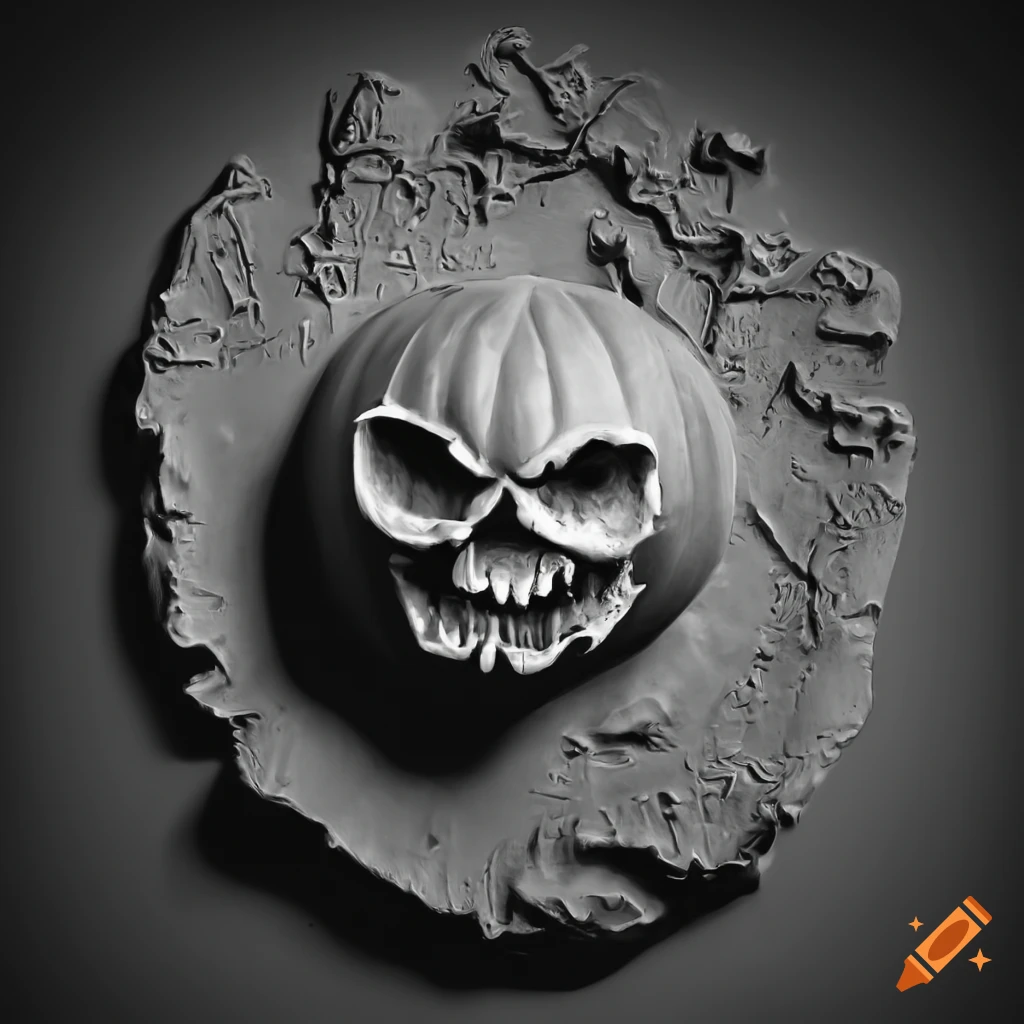 Scary jack-o-lantern in grayscale bas-relief