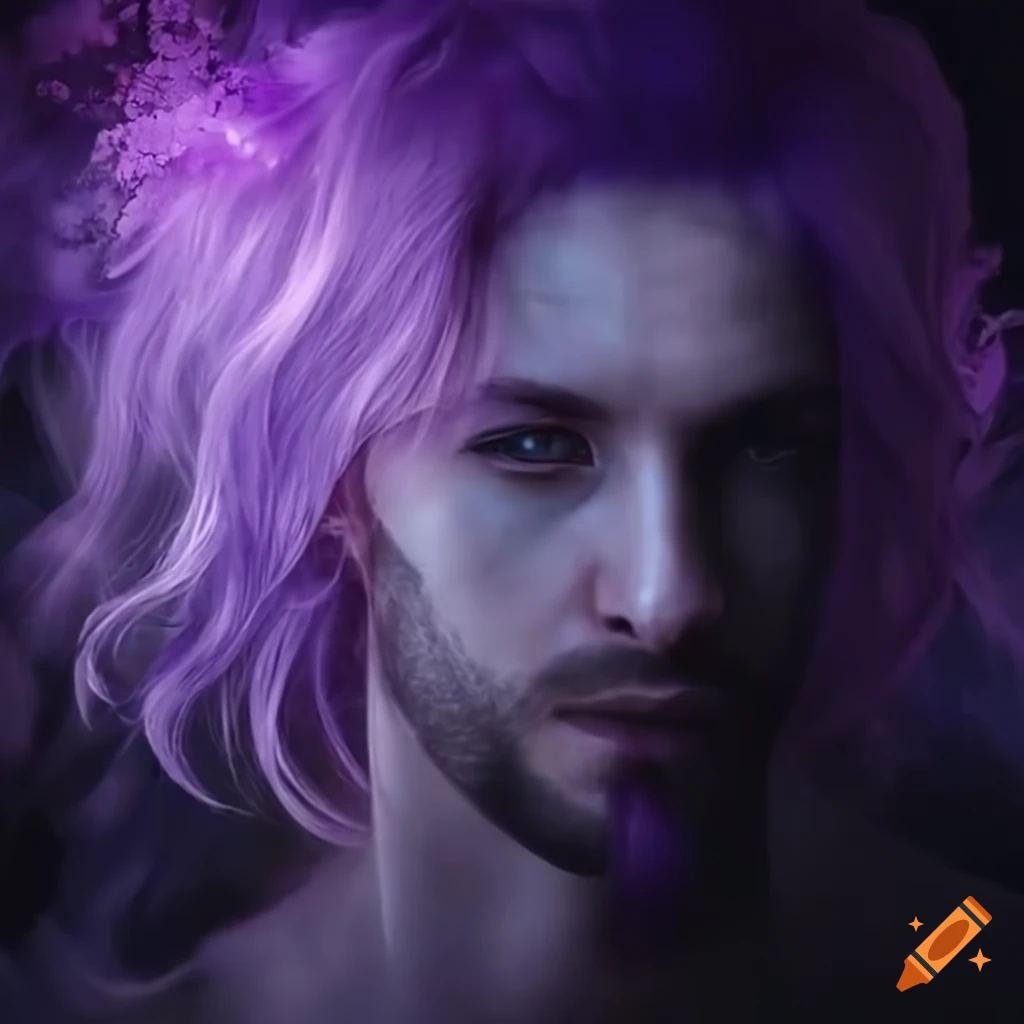 Male with purple hair casting a spell in a dark forest