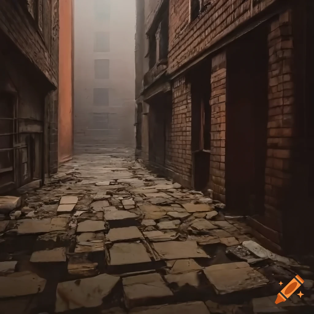 Crumbling flooded corridor leading to abandoned buildings sinking into the ocean