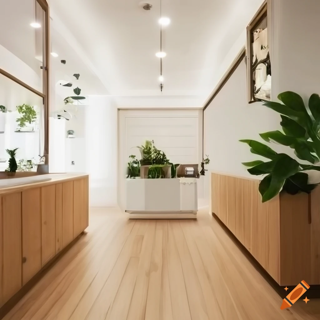Beauty salon reception room with Scandinavian style decor and plants on walls
