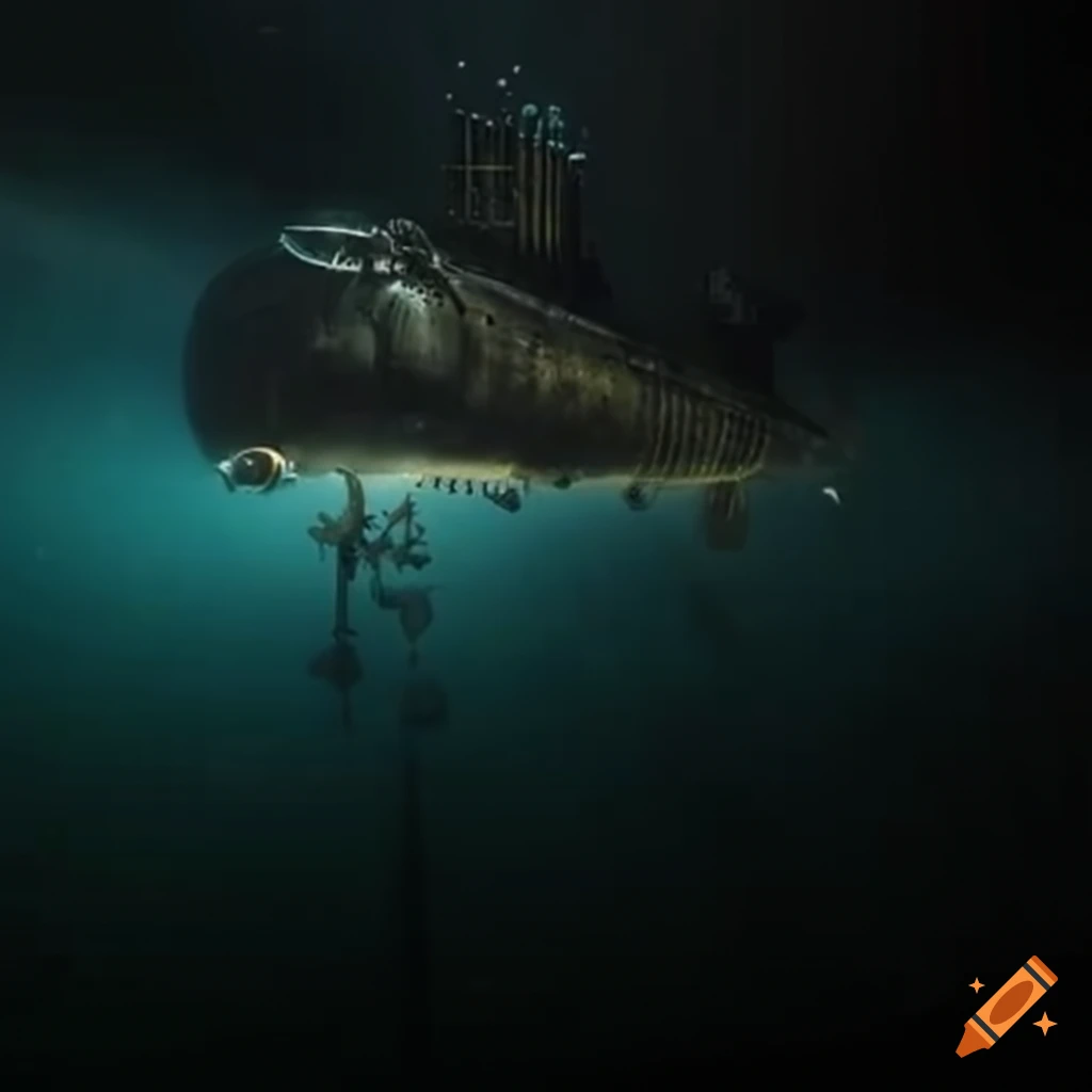 Steampunk weaponized submarine in darkness underwater