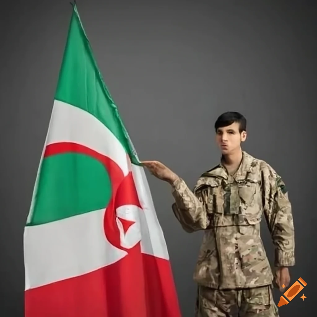 Algerian veteran presenting national flag to young soldier