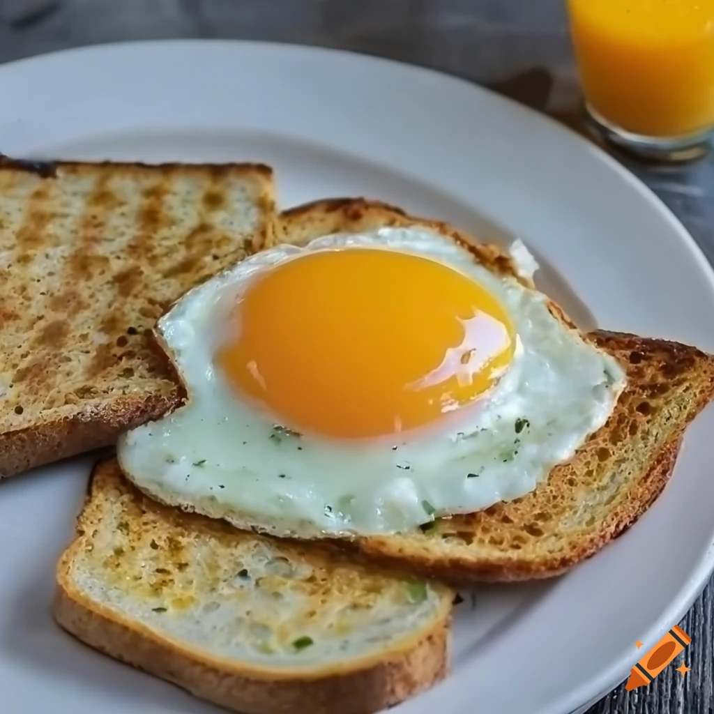 Fried egg with toasted bread on a plate with a glass of orange juice