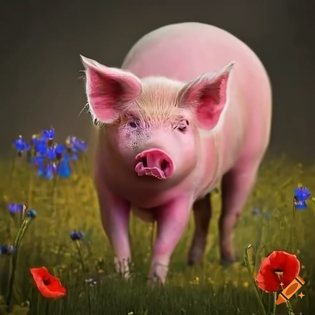 Pink pig in poppies and cornflowers