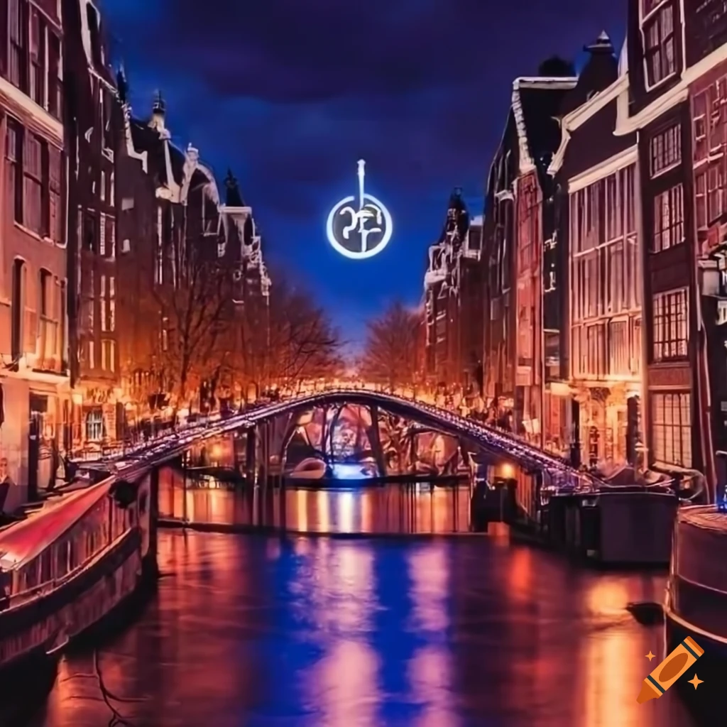 Amsterdam with neon lights and unique clock visuals on Craiyon