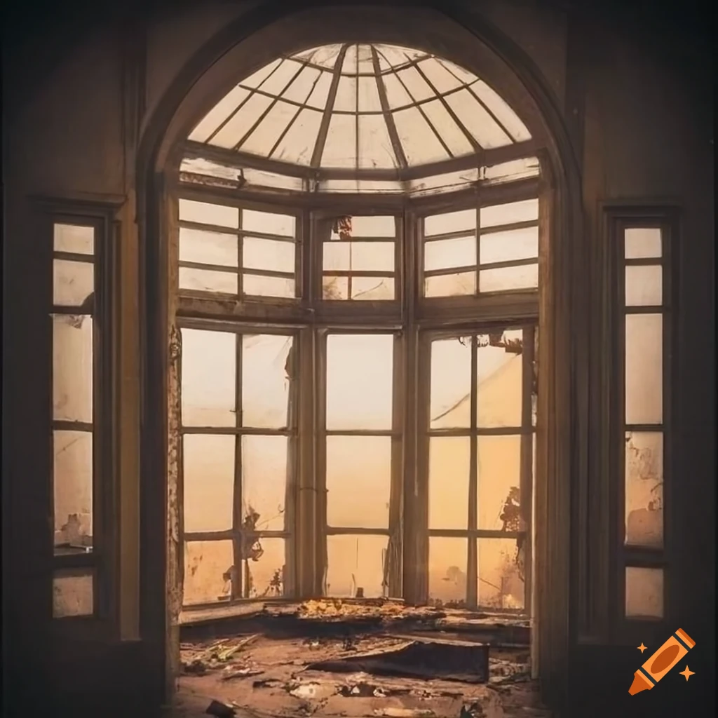Foggy abandoned conservatory with dilapidated furniture and dramatic orange light