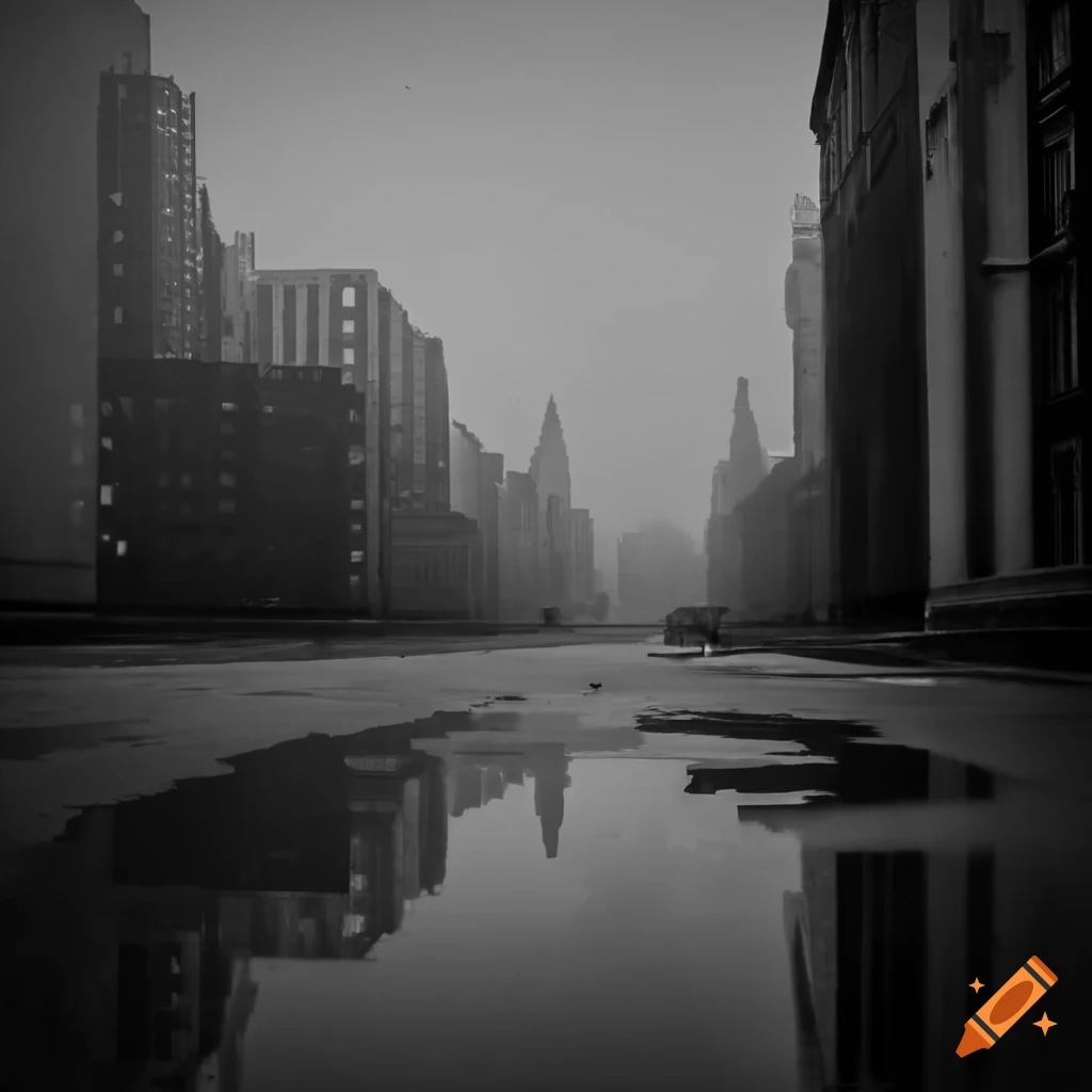 Gloomy black and white cityscape with a gray sky and puddle on the street