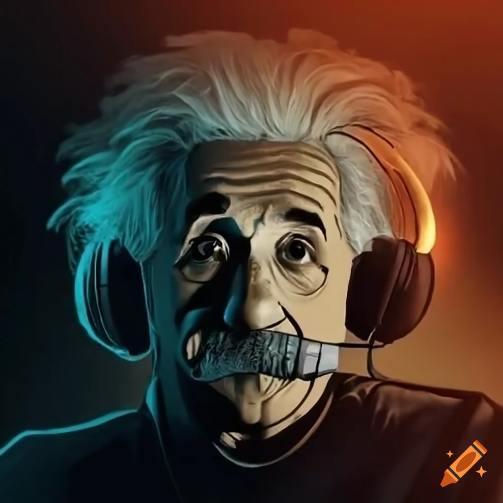 Albert Einstein with headphones and microphone as a streamer and gamer