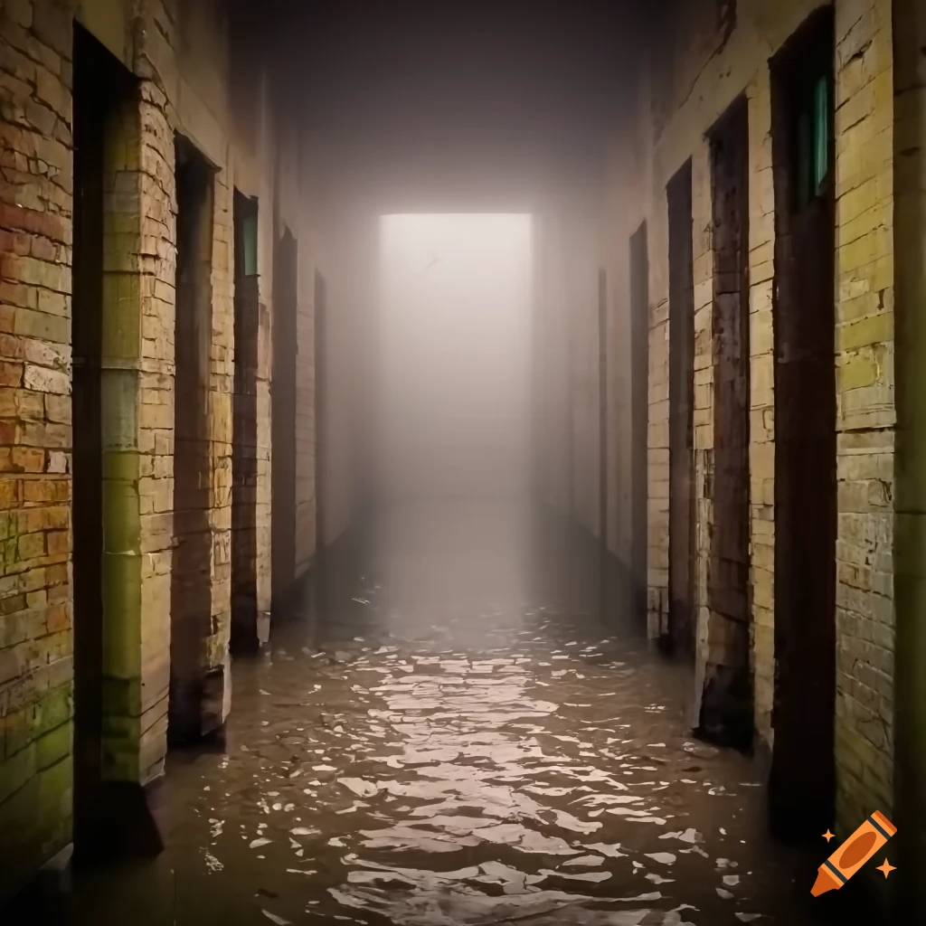 Close-up of flooded corridor with abandoned buildings sinking into ocean in dramatic lighting