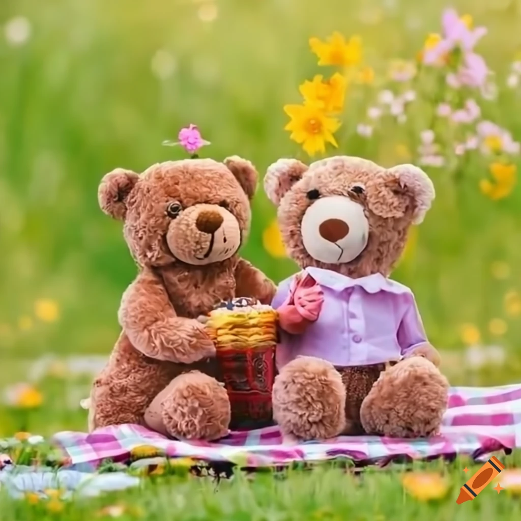 Family of three teddy bears having a picnic in a meadow with tea and cake