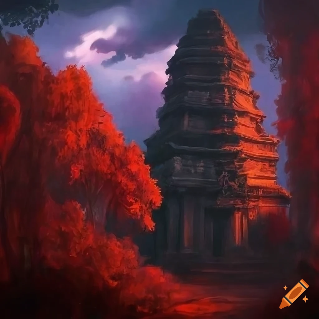 Dark and menacing jungle with a black stone temple under a stormy sky