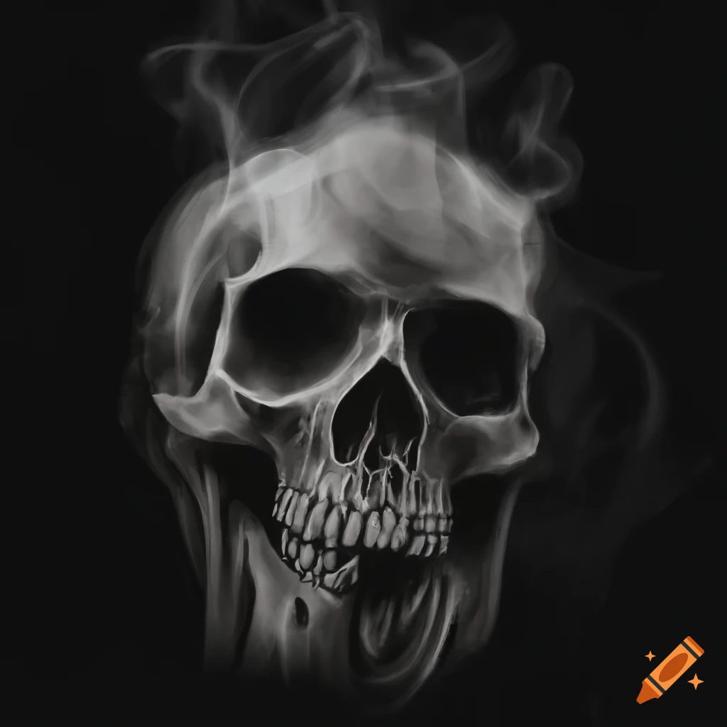 Charcoal drawing of decaying skull fading into smoke