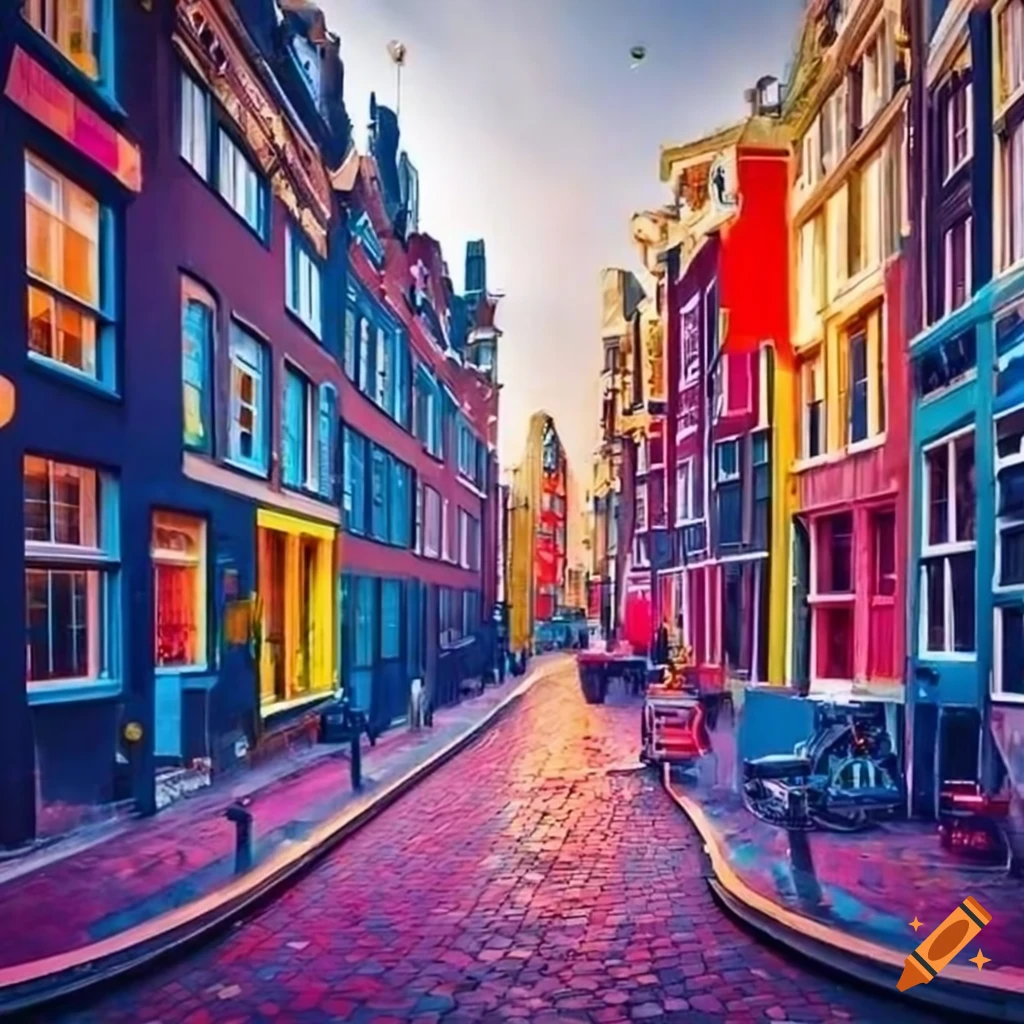 Vibrant amsterdam street with colorful street art and shops on Craiyon