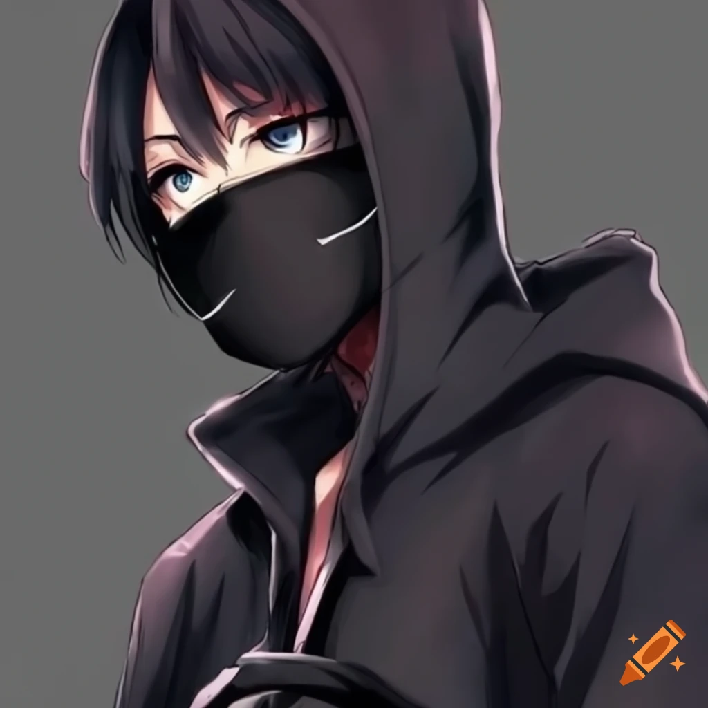 Anime guy in black hoodie, gloves, and doctor mask