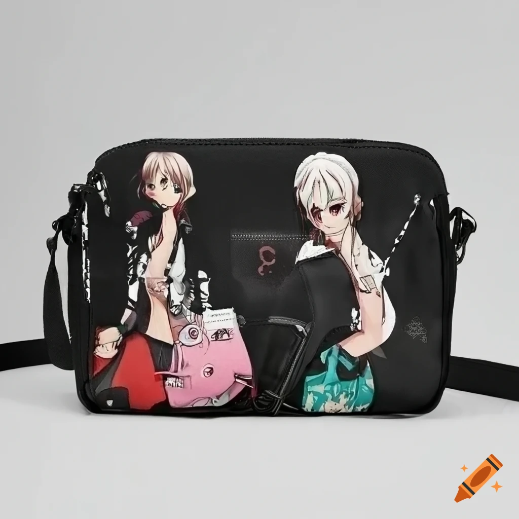 Black fabric crossbody bag with white girl print in y2k skater style design