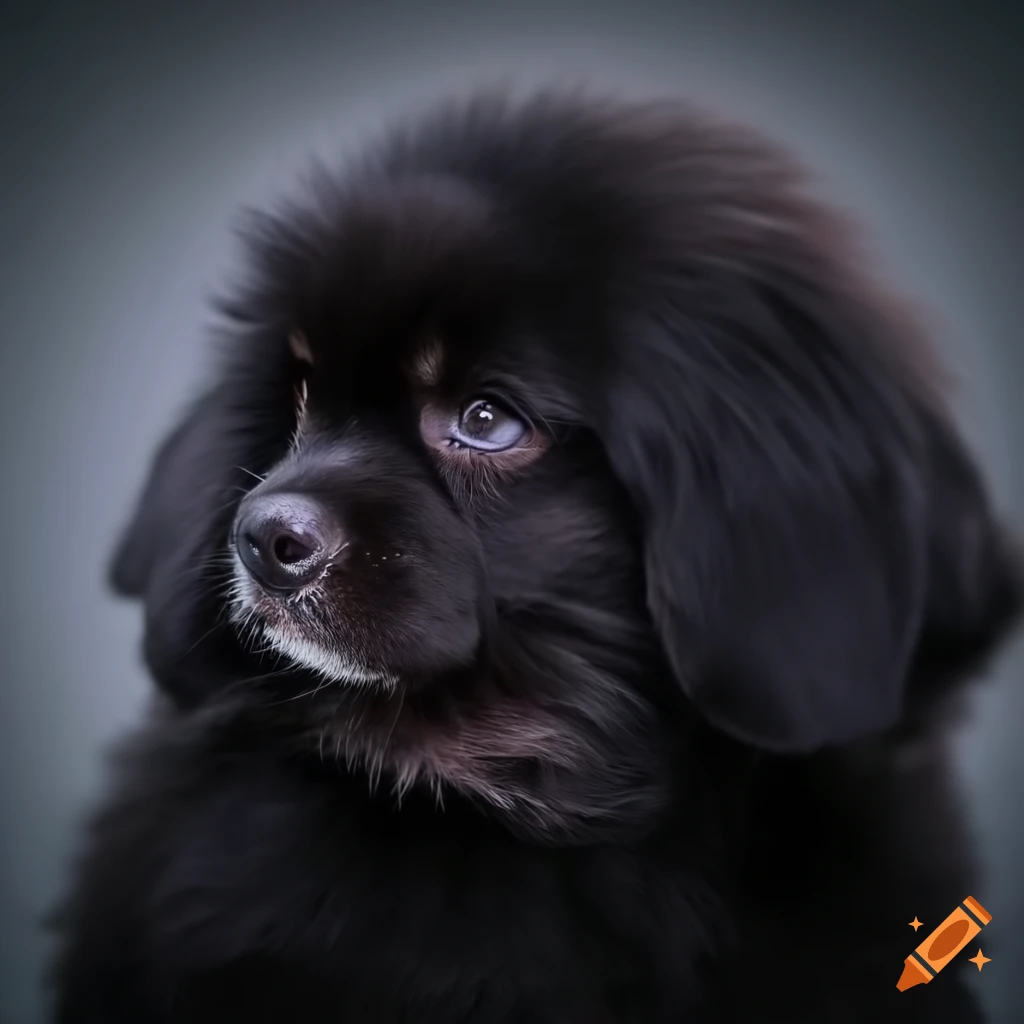 Profile of a cute baby dog with fluffy black fur in pastel colors
