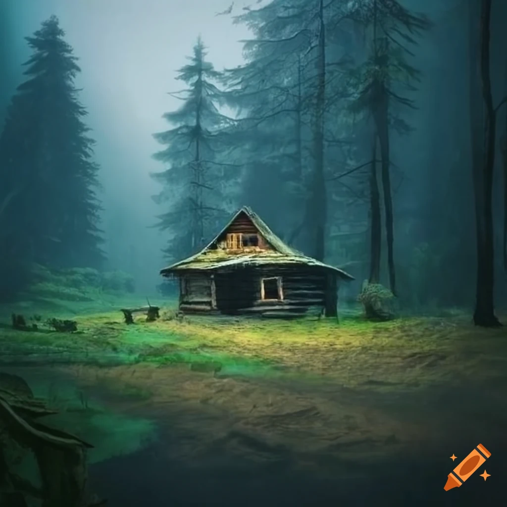 Cabin in forest clearing during heavy rain with mountains in the background