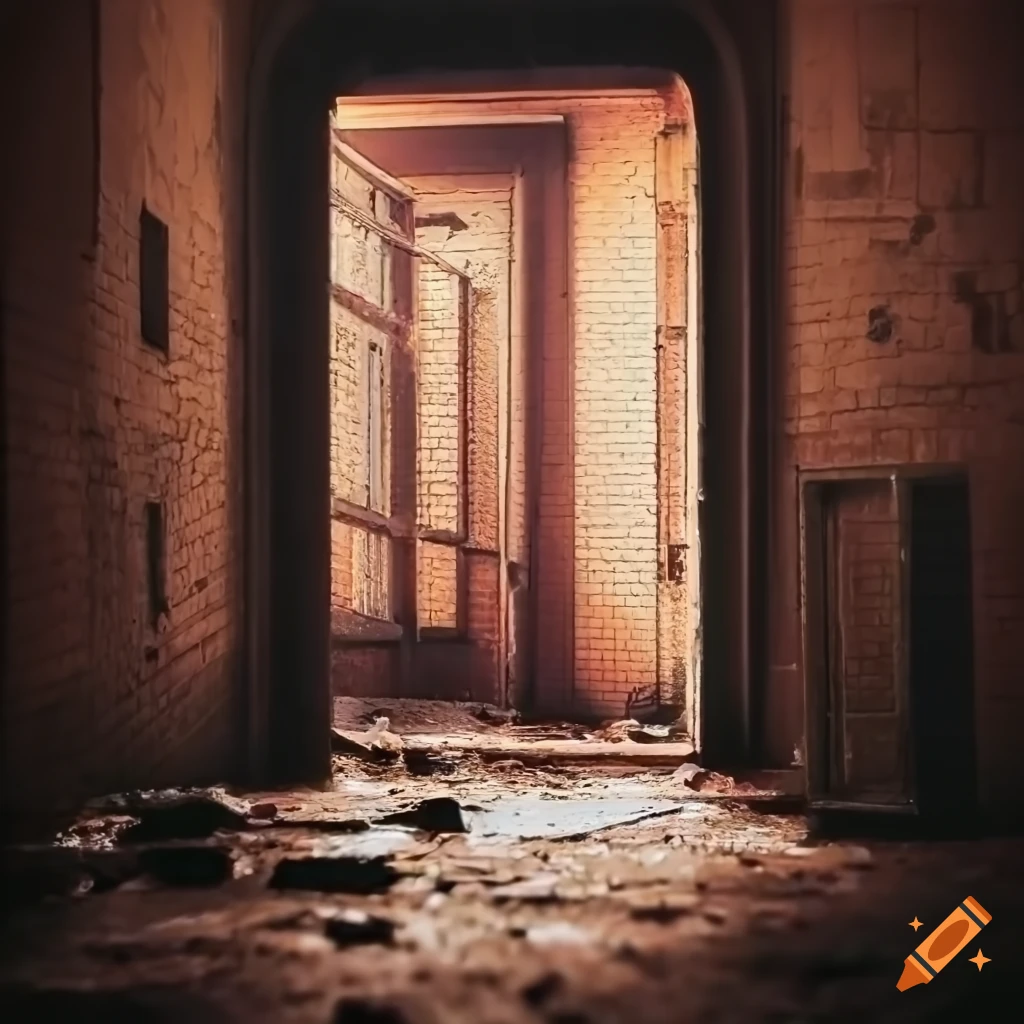 Crumbling flooded door to abandoned buildings sinking into the ocean in dramatic lighting