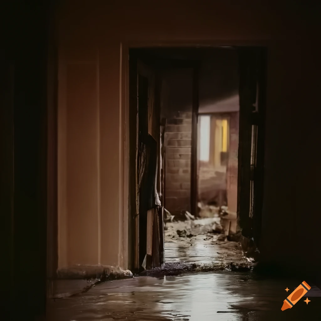 Crumbling flooded door to abandoned buildings sinking into the ocean in dramatic lighting