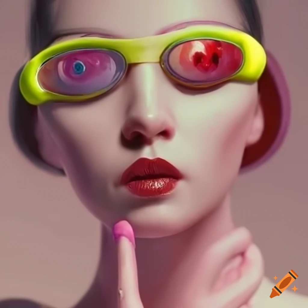 French high fashion vogue model in cream and pastel clothes with random colored dots in