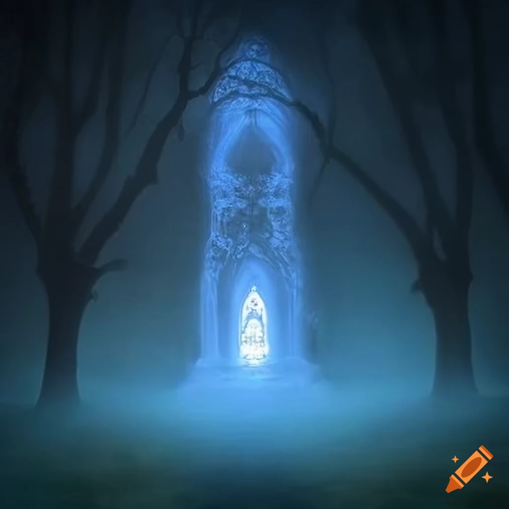 Mystical Celtic knotwork glass monument in an idyllic misty landscape