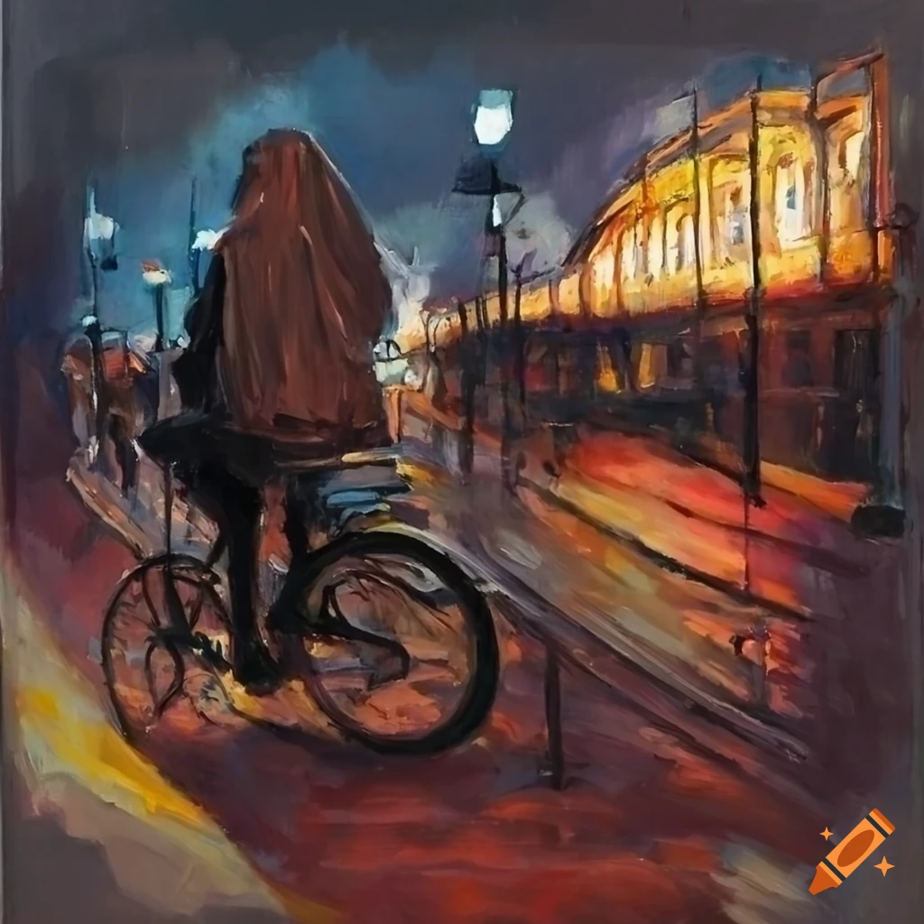 Bicycle at the train station, oil painting