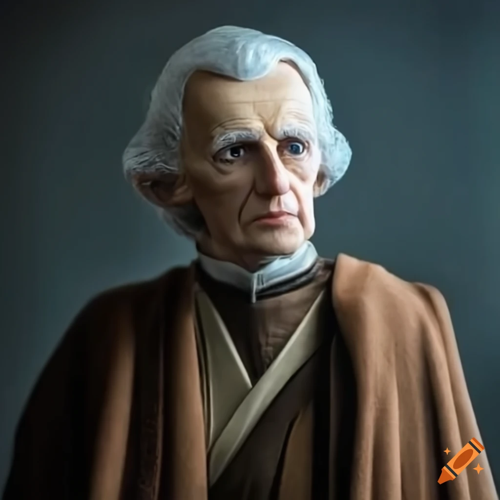 Portrait of philosopher resembling Emmanuel Kant in a Jedi suit with a lightsaber