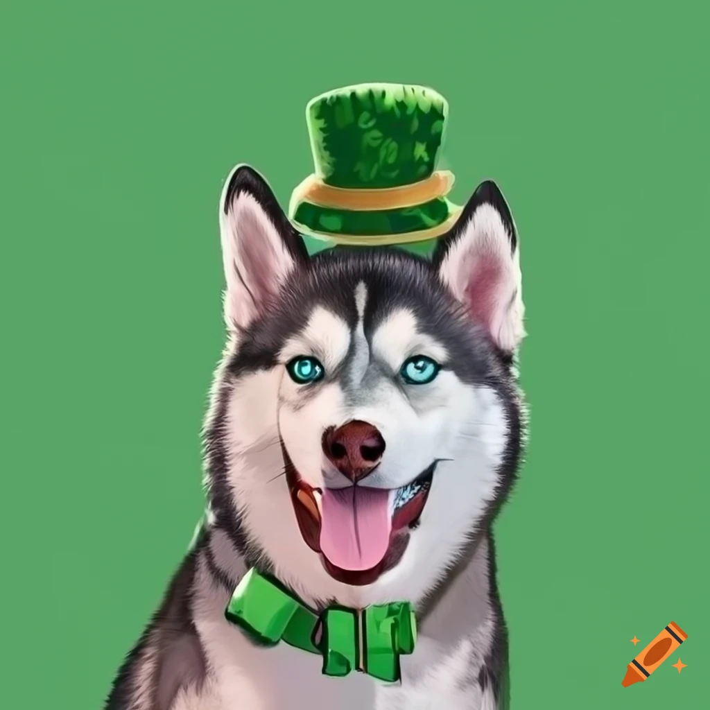 Husky wearing an Irish hat on a green background