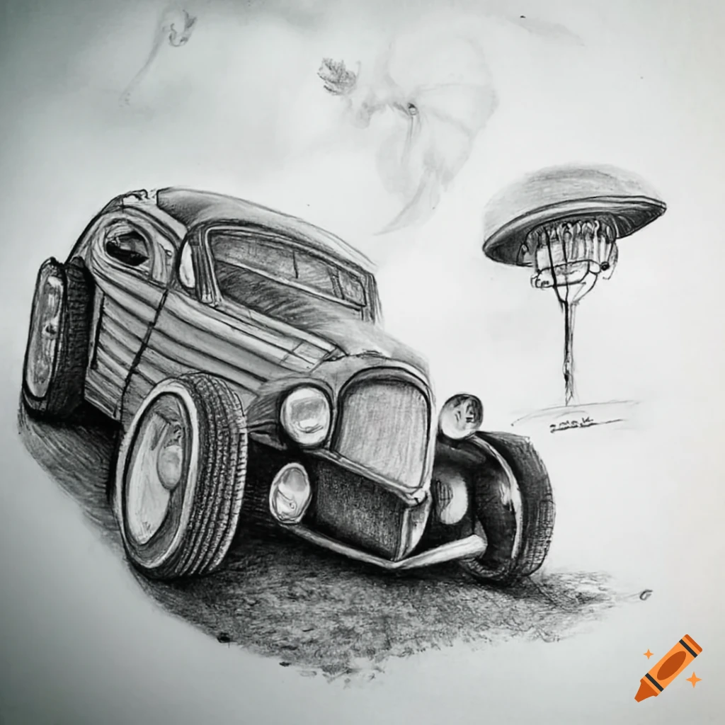 Classic hot rod encountering UFO at the beach in a mystical pencil drawing