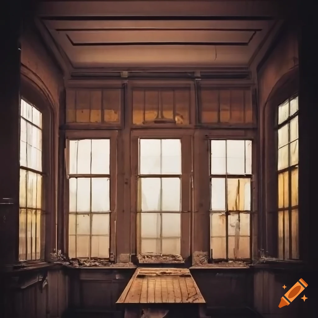 Foggy abandoned conservatory with dilapidated furniture and dramatic orange light