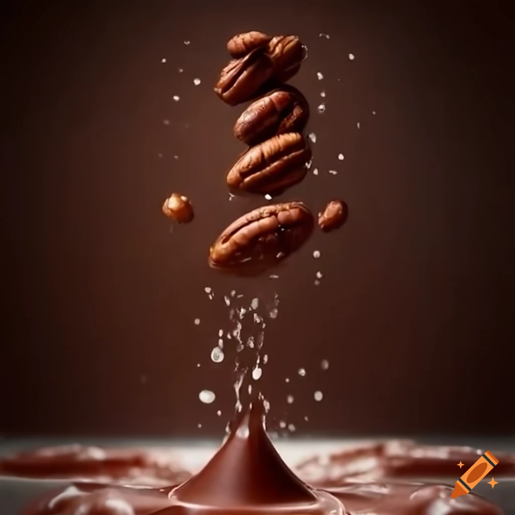 Pecan nut splashing into chocolate