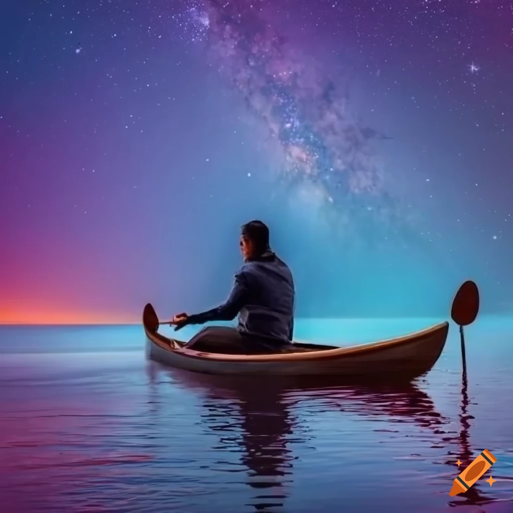 Men in a canoe gazing at the starry sky with blue and purple tones