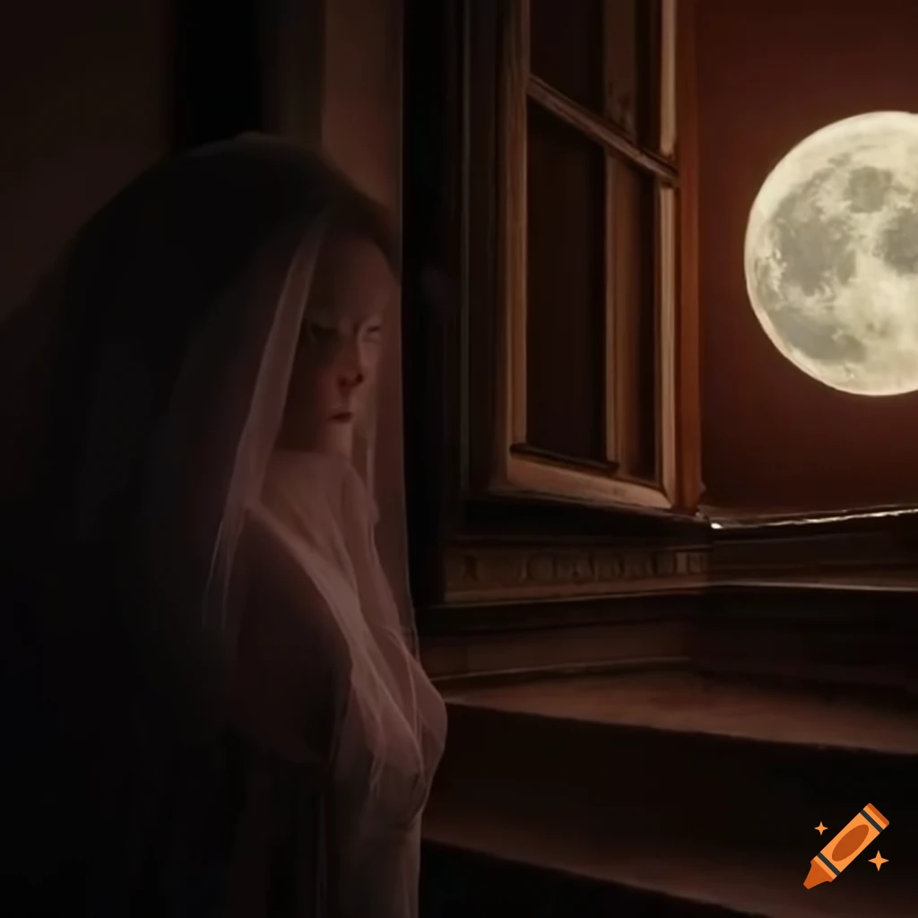 Gothic mansion with a shy girl in a veil observing the full moon from a staircase window
