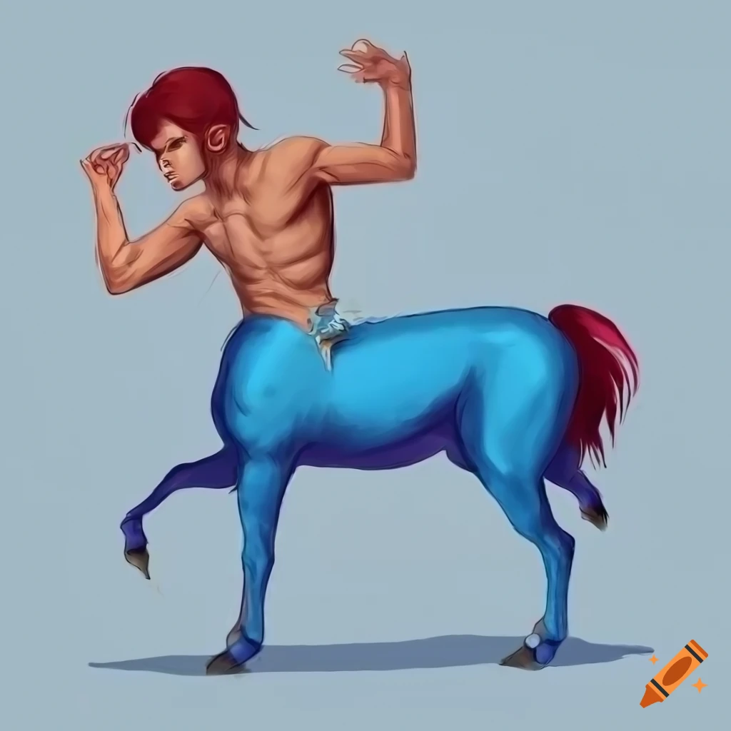 Handsome young male centaur with cobalt blue horse body and burgundy hair