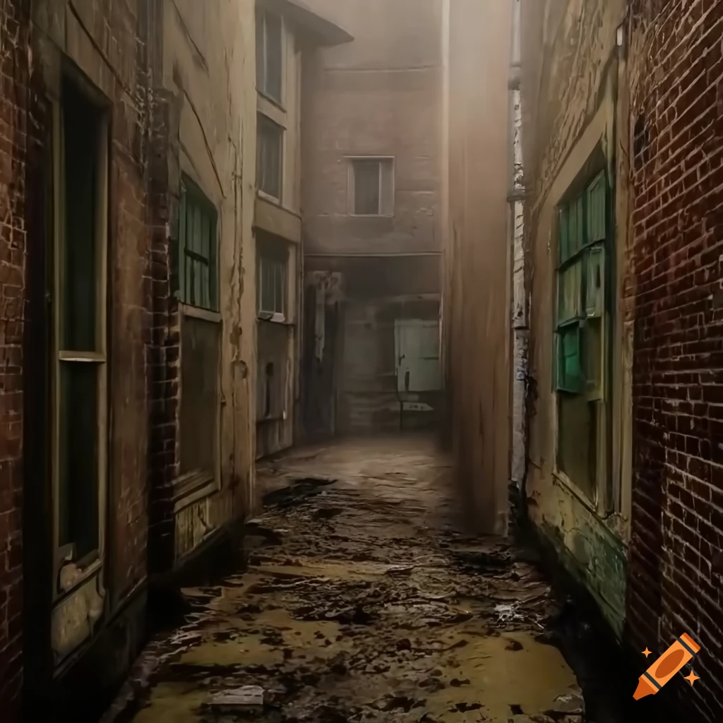 Close-up of flooded door and abandoned buildings sinking into ocean in dramatic lighting