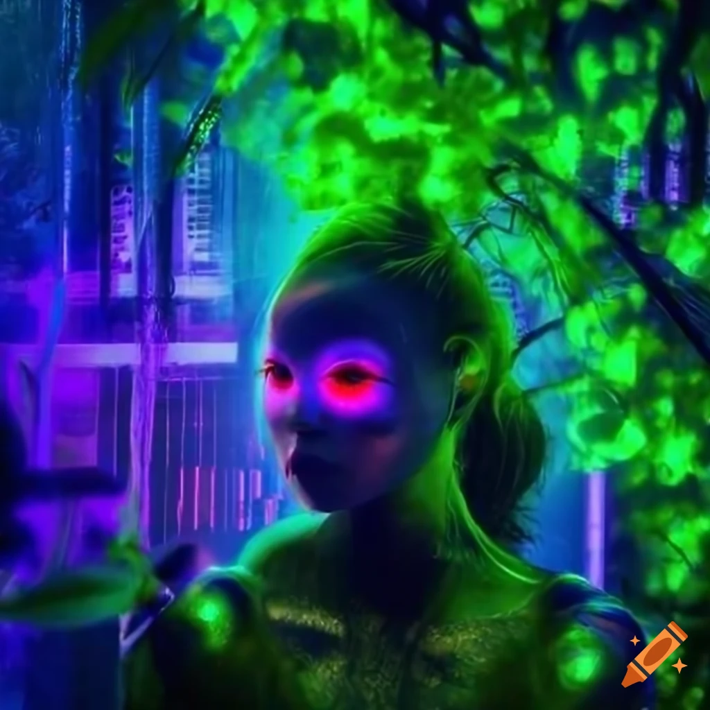 Glowing biopunk cityscape with green moss, plants, mushrooms, crystals, and cyborg goddesses
