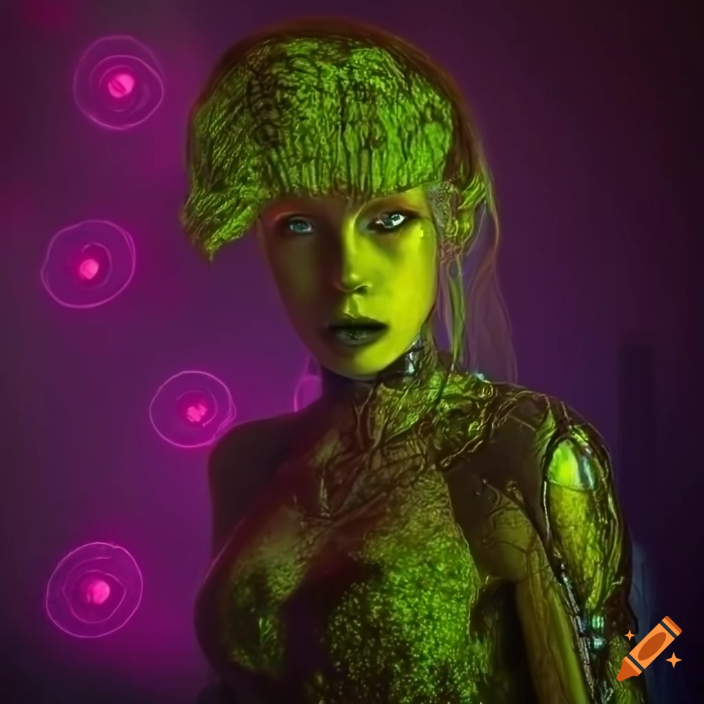 Glowing biopunk cityscape with green moss, plants, mushrooms, crystals, and cyborg goddesses