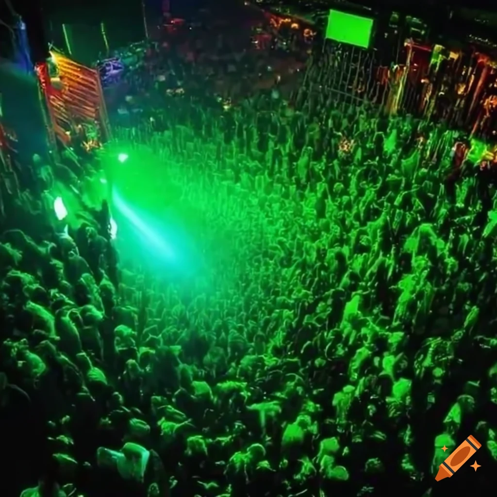 Bird's eye view of a bright green mosh pit in a crowded venue on Craiyon