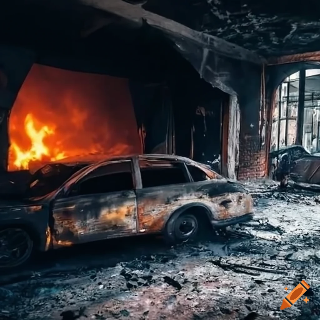 Aftermath of a garage fire with burnt cars and damaged walls