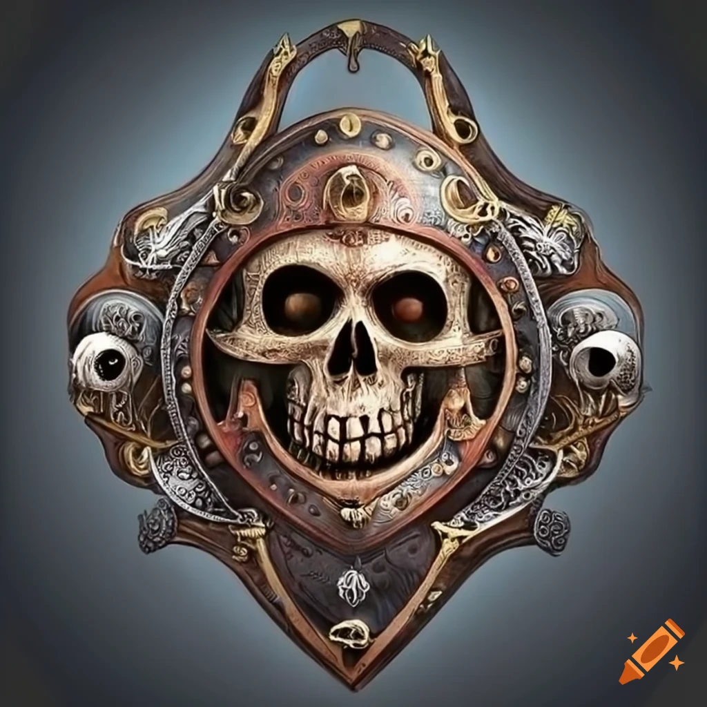 Pirate shield with intricate designs, skull, swords, and treasure chest