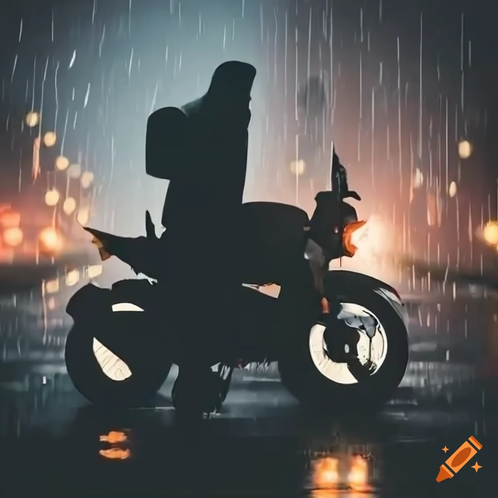 Man walking towards motorcycle in the rain with car headlights