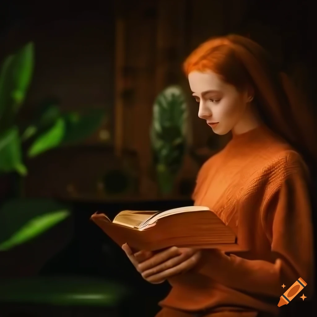 Young lady with red hair reading a book in a cozy living room surrounded by books and plants