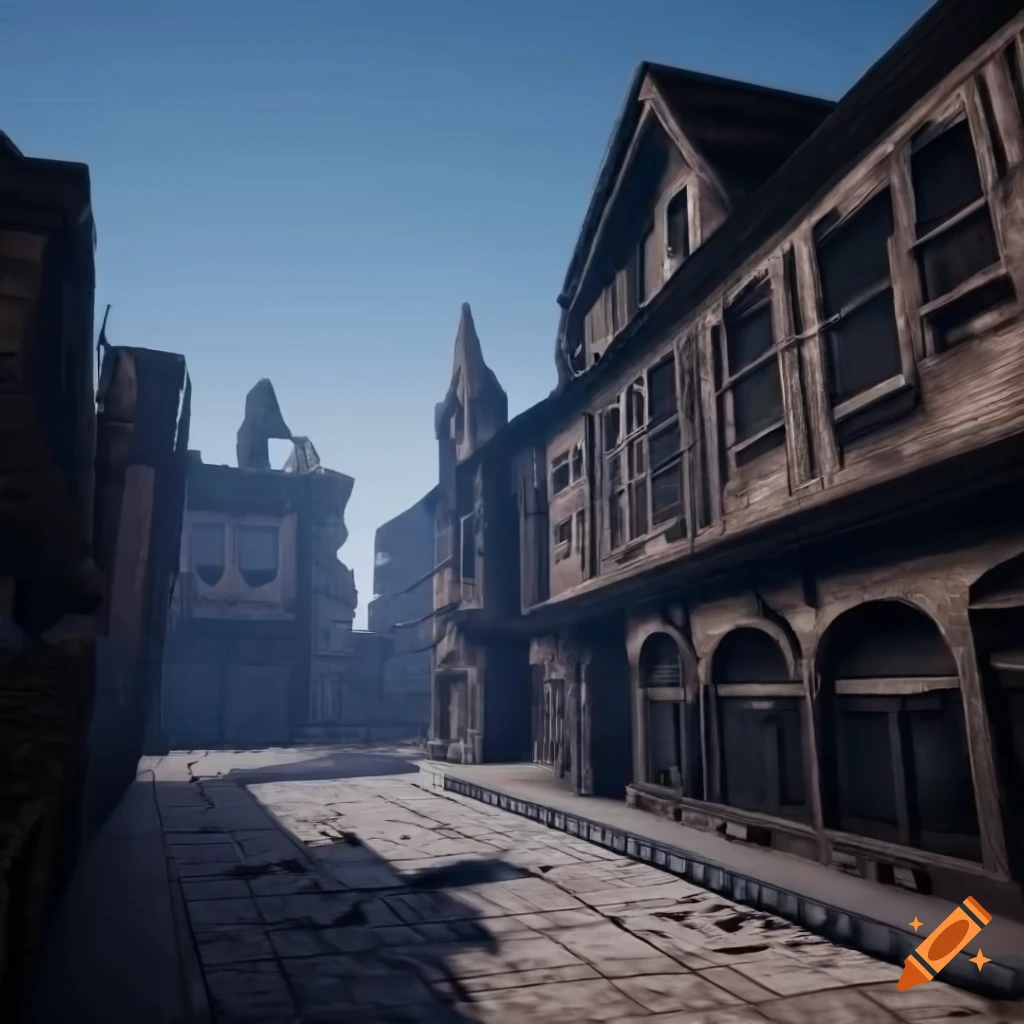 Sci-fi street in Etruscan-Hittite-Viking style city with historical houses and black skyscrapers