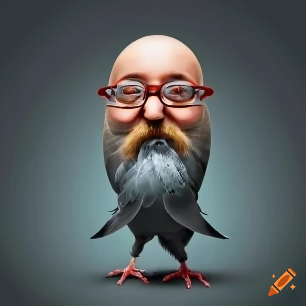 Pigeon in military uniform commanding a man with glasses and beard