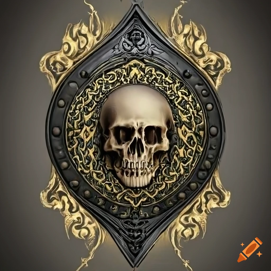 Detailed gothic shield with black and gold Celtic patterns and skull design