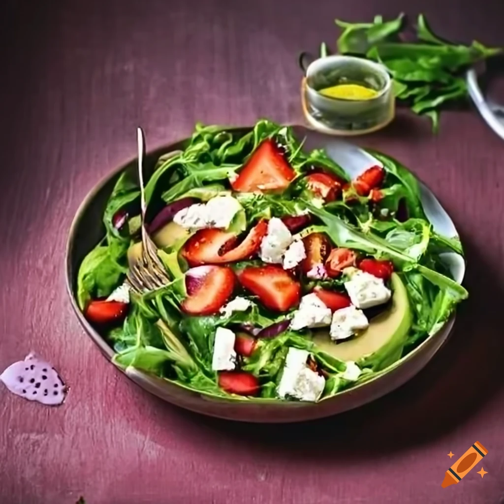 Spring-inspired salad with zesty vinaigrette featuring mixed greens, strawberries, goat cheese, and almonds